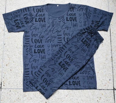 Stylish Printed Cotton Jersey Night Suit - 2 Pcs Set in Grey