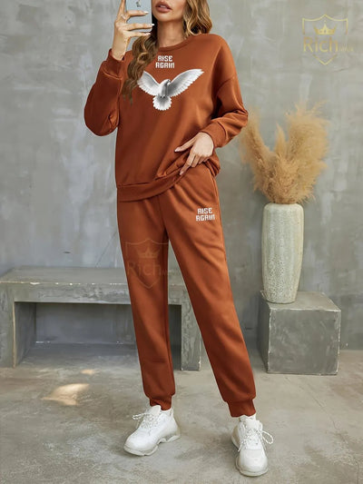 2 Pcs Women's Stitched Fleece Printed Tracksuit