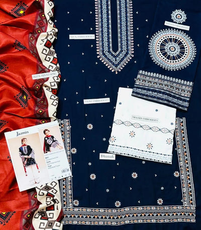 3 Pcs Women's Unstitched Embroidered Suit