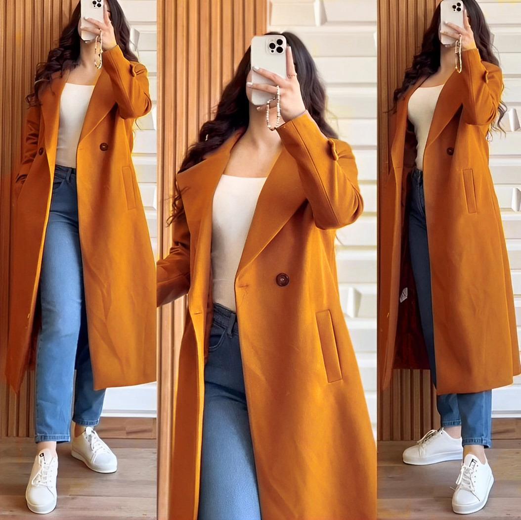 Both Sided Pockets With Long Sleeves Kaaj Buttons Fleece Women Coat