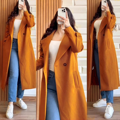 Both Sided Pockets With Long Sleeves Kaaj Buttons Fleece Women Coat