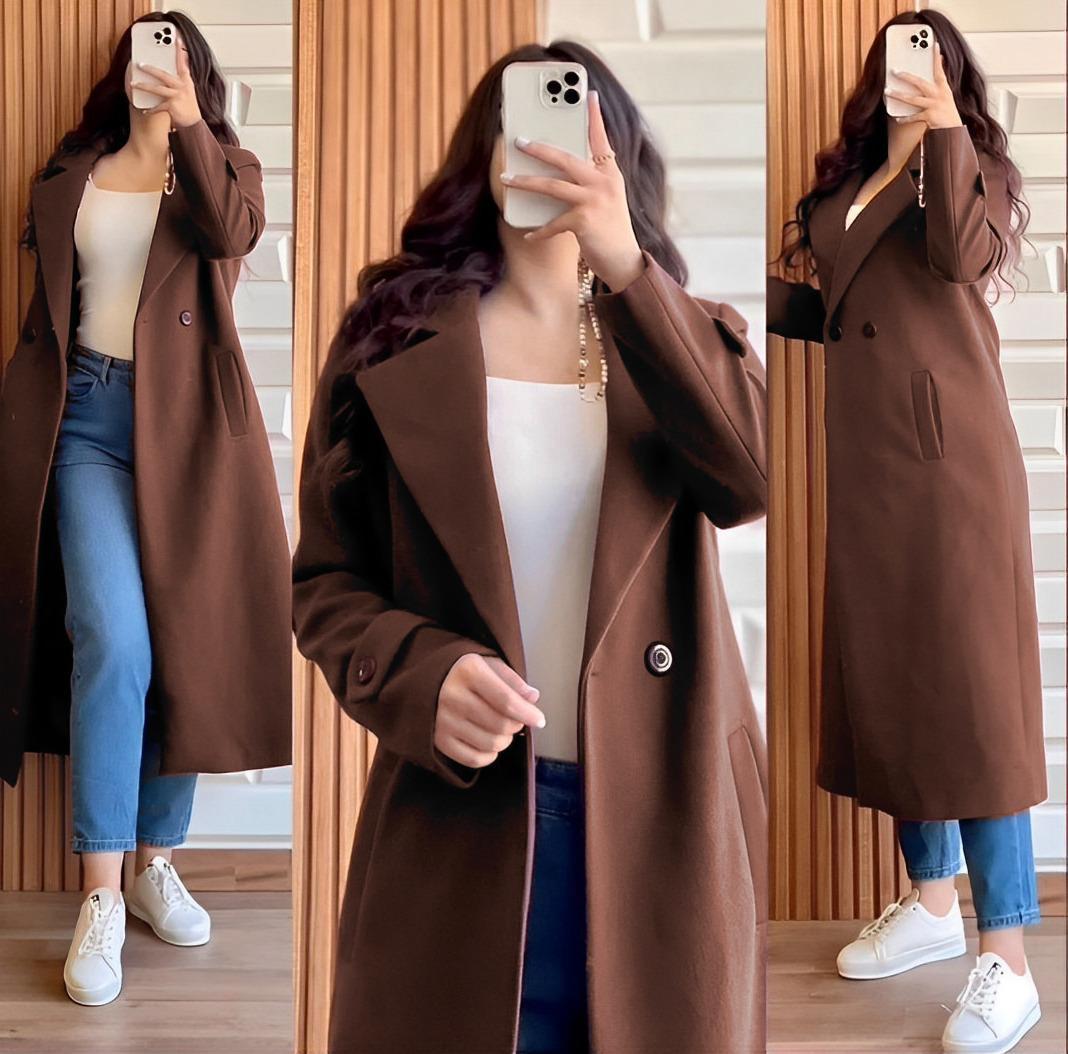 Both Sided Pockets With Long Sleeves Kaaj Buttons Fleece Women Coat