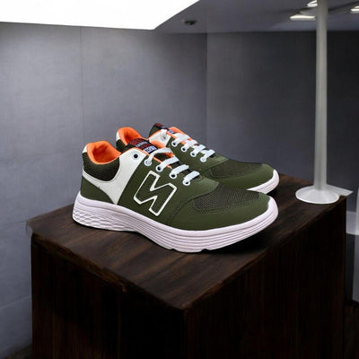Men's Casual Green Sneakers - Comfortable Synthetic Leather Footwear