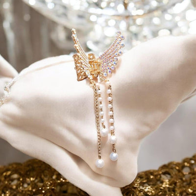 Elegant Gold Plated Butterfly Design Hair Claw with Crystal and Pearl - 1 Pc