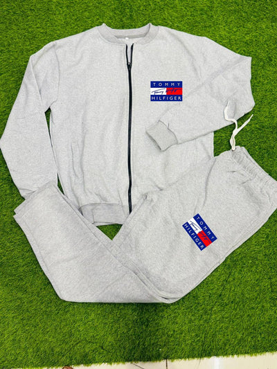 Men's Fleece Printed Zipper Track Suit - 2 Pc - Stylish Grey Activewear