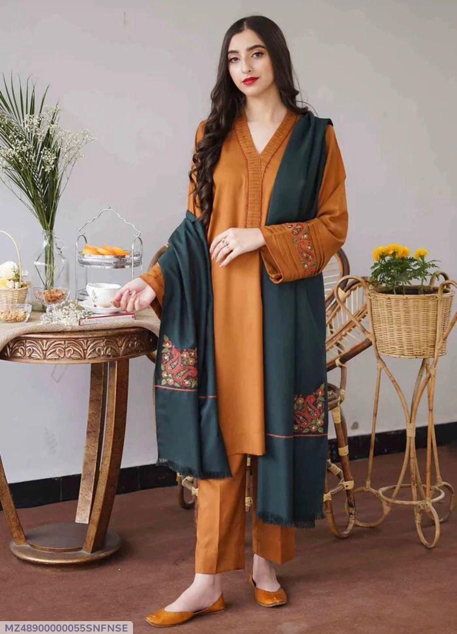 3 Pcs Women's Unstitched Dhanak Embroidered Suit