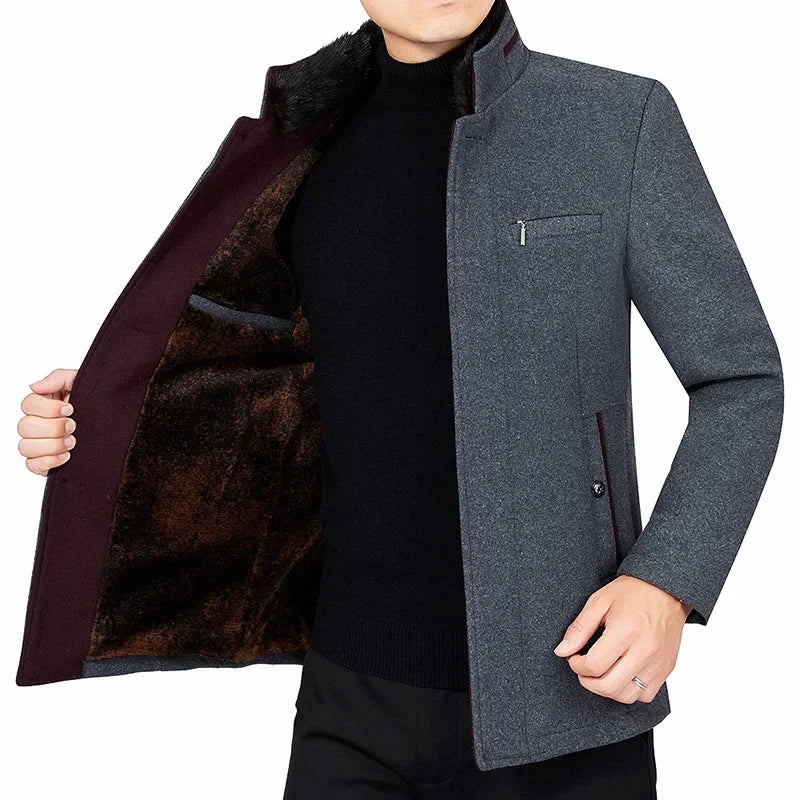 New Winter Men Stand Collar Cashmere Trench Coats