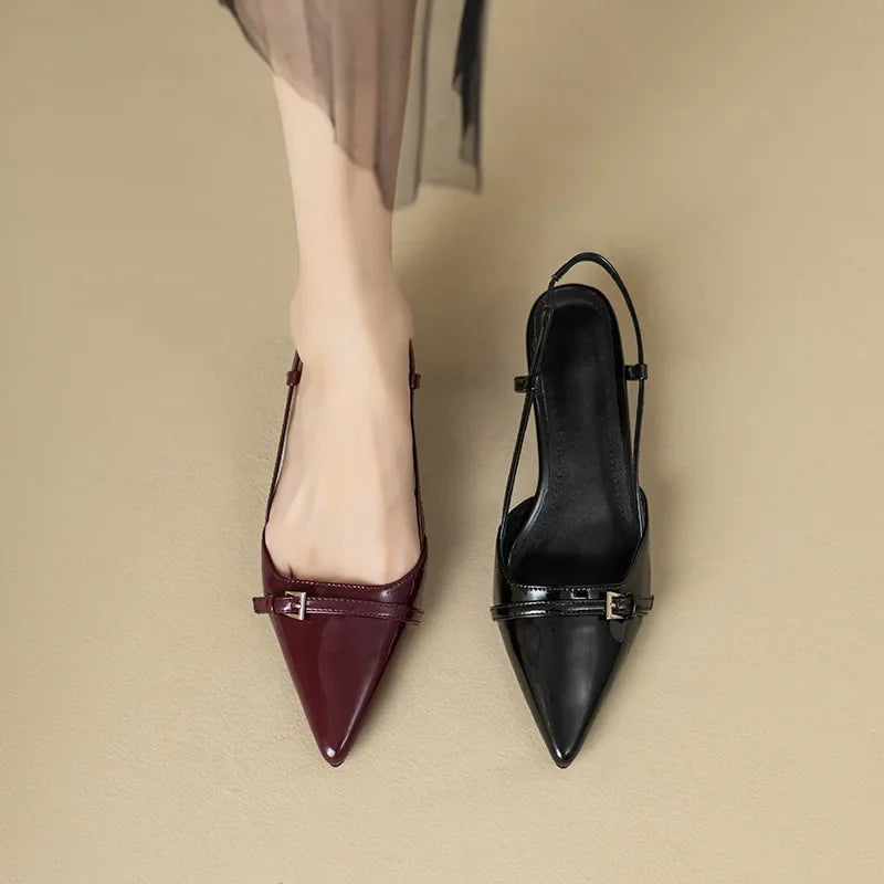 French Wine Red Pointed Patent Leather Mid-heel Overhead Sandals for Women