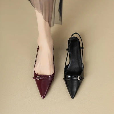 French Wine Red Pointed Patent Leather Mid-heel Overhead Sandals for Women