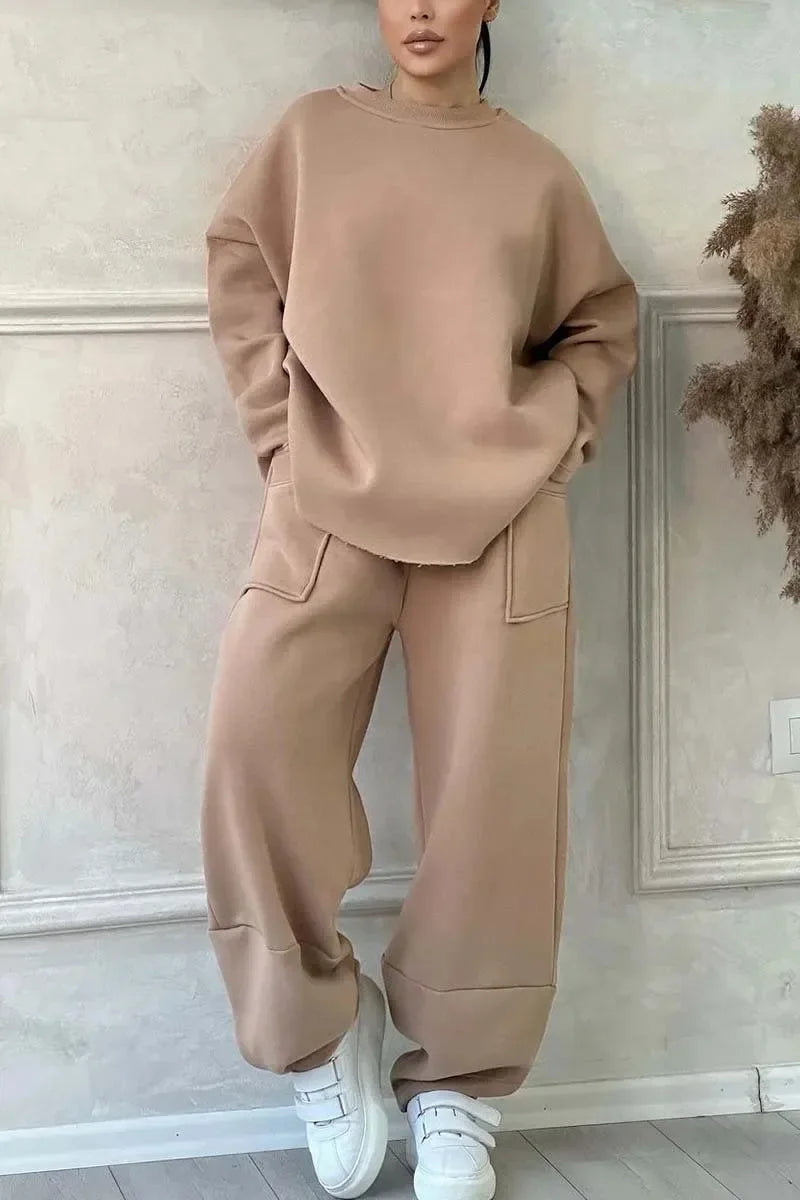 Women Full Sleeve Sweatshirts Round Neck Straight Long Pants Suits