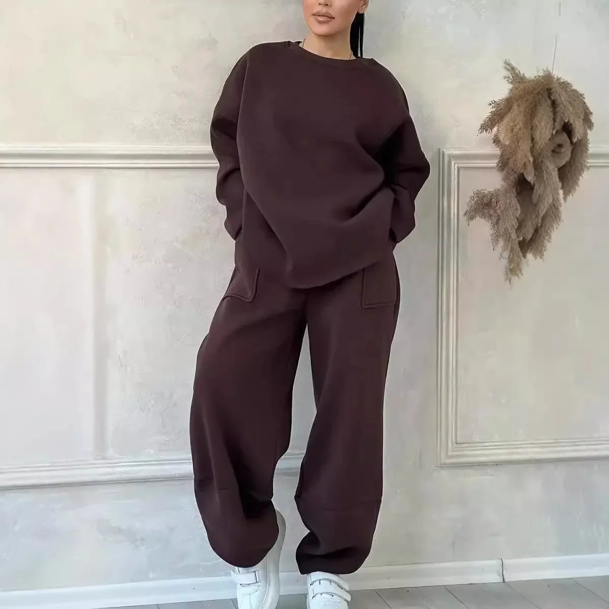 Women Full Sleeve Sweatshirts Round Neck Straight Long Pants Suits