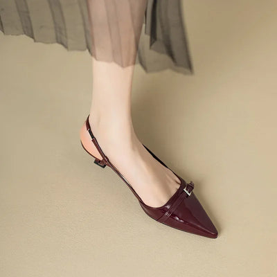 French Wine Red Pointed Patent Leather Mid-heel Overhead Sandals for Women