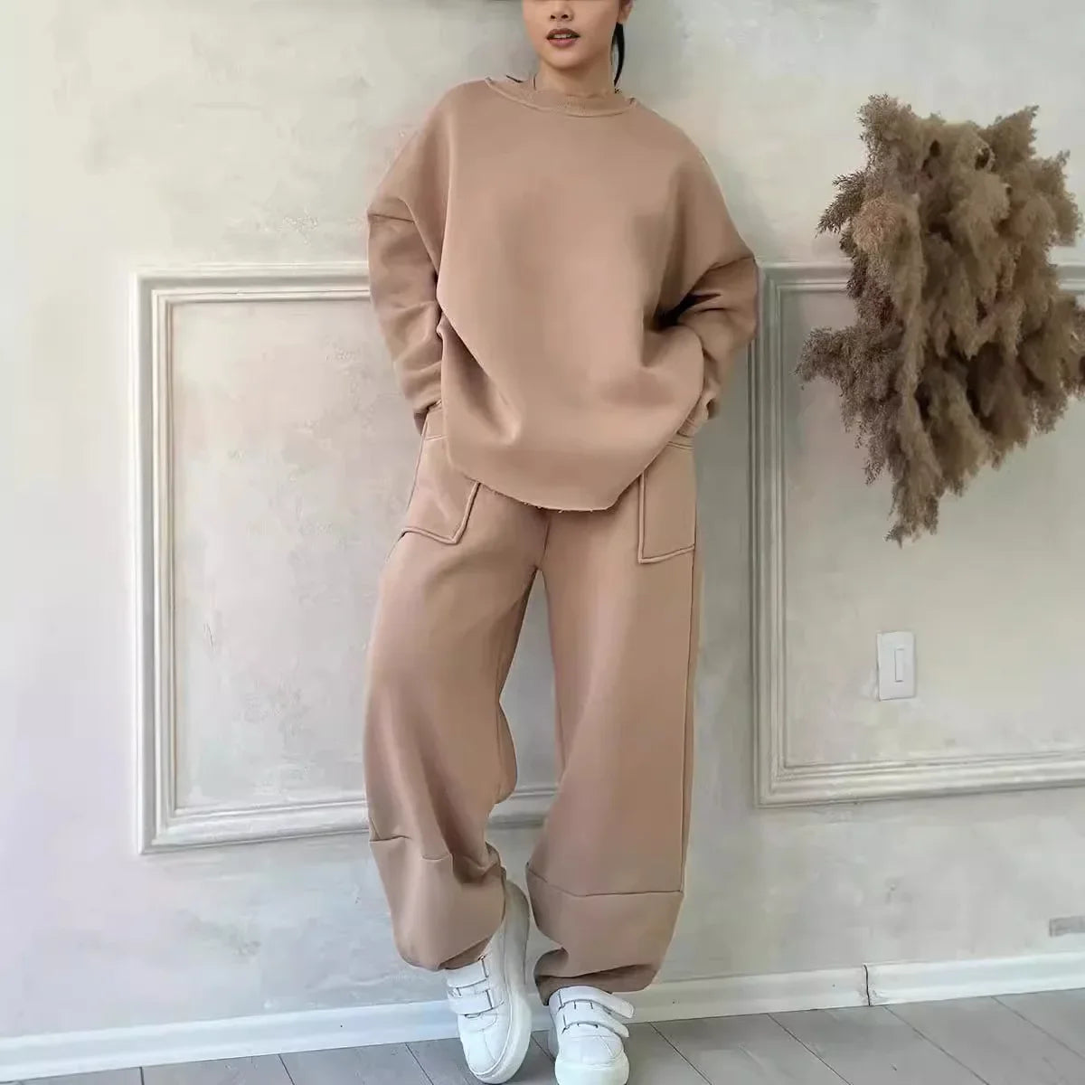 Women Full Sleeve Sweatshirts Round Neck Straight Long Pants Suits