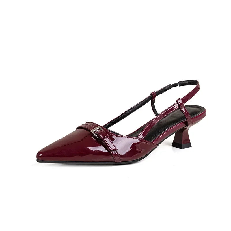 French Wine Red Pointed Patent Leather Mid-heel Overhead Sandals for Women