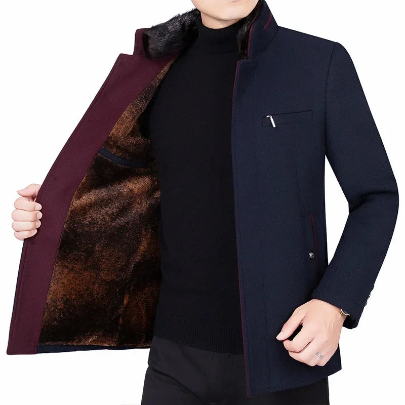 New Winter Men Stand Collar Cashmere Trench Coats